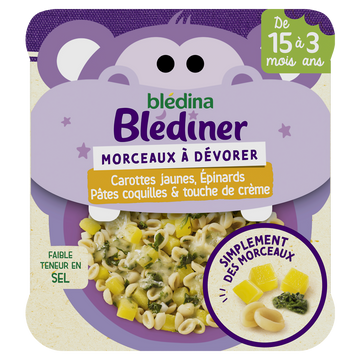 Plat bébé soir morceaux carottes épinards pâtes crême dès 15 mois BLEDINER BLEDINA 200g