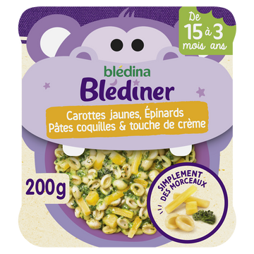 BLEDINA BLEDINER - Plat bébé du soir morceaux carottes épinards pâtescrême, dès 15 mois - 200g - Repas bébé