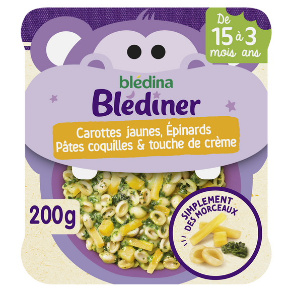 BLEDINA BLEDINER - Plat bébé du soir morceaux carottes épinards pâtescrême, dès 15 mois - 200g - Repas bébé