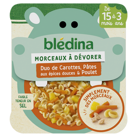 Plat bébé morceaux carottes pâtes aux épices douces poulet dès 15 moisBLEDINA 200g