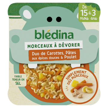 Plat bébé morceaux carottes pâtes aux épices douces poulet dès 15 moisBLEDINA 200g