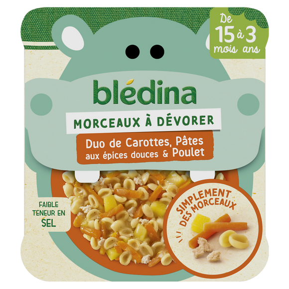 Plat bébé morceaux carottes pâtes aux épices douces poulet dès 15 moisBLEDINA 200g
