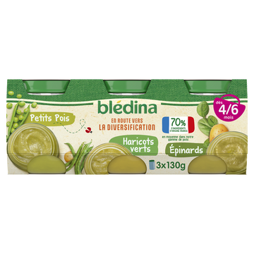 Petits pots bébé Purée de légumes petits pois/haricots verts/épinardsdès4/6 mois BLEDINA 3x130g