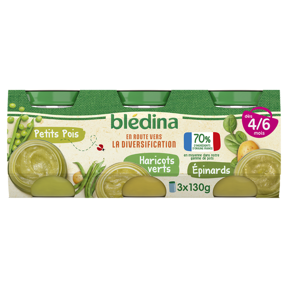 Petits pots bébé Purée de légumes petits pois/haricots verts/épinardsdès4/6 mois BLEDINA 3x130g
