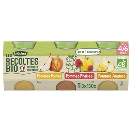Les récoltes bio Pommes Poires/Pommes Fraises 4/6 mois BLEDINA 3x130g