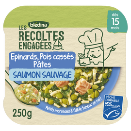 Plat bébé Les récoltes engagées épinards pois cassés pâtes étoiles saumon sauvage dès 15 mois BLEDINA 250g