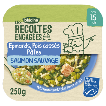 Plat bébé Les récoltes engagées épinards pois cassés pâtes étoiles saumon sauvage dès 15 mois BLEDINA 250g