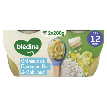 BLEDINA BLEDICHEF - Plat bébé du midi Crémeux de Poireaux, Riz & Cabillaud, dès 12 mois - 2x200g