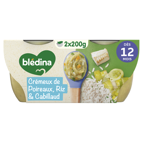 BLEDINA BLEDICHEF - Plat bébé du midi Crémeux de Poireaux, Riz & Cabillaud, dès 12 mois - 2x200g