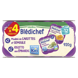Risotto aux épinards et kiri x2/mouliné de carottes et semoule dés 12mois blédichef x2 BLEDINA 4x230g