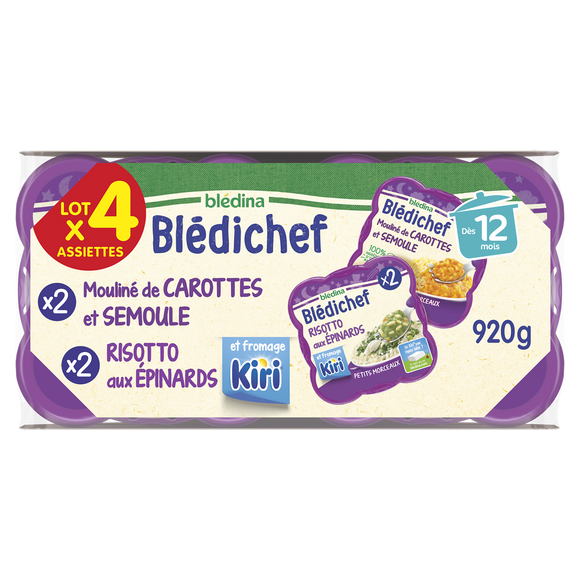Risotto aux épinards et kiri x2/mouliné de carottes et semoule dés 12mois blédichef x2 BLEDINA 4x230g