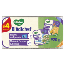 BLEDINA BLEDICHEF - Plat bébé du midi Risotto aux épinards et kiri / mouliné de carottes et semoule, dès 12 mois - 4x230g