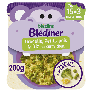 Petit Plat Morceaux à dévorer Brocolis, Petits Pois & riz au curry doux de 15 mois à 3 ans blédiner BLEDINA 200g
