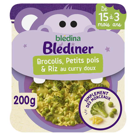 Petit Plat Morceaux à dévorer Brocolis, Petits Pois & riz au curry doux de 15 mois à 3 ans blédiner BLEDINA 200g