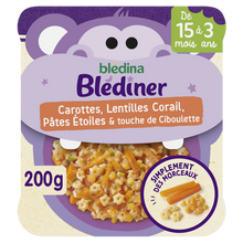 BLEDINA BLEDINER - Plat bébé Carottes, Lentilles corail, pâtes,ciboulette, dès 15 mois - 200g