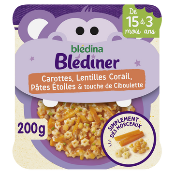 BLEDINA BLEDINER - Plat bébé Carottes, Lentilles corail, pâtes,ciboulette, dès 15 mois - 200g