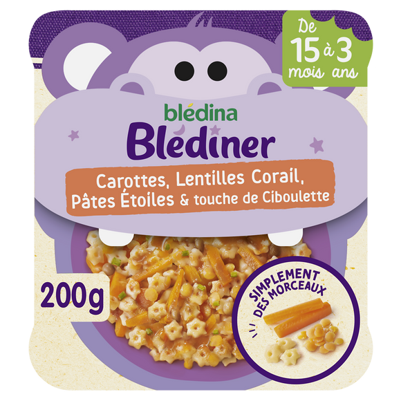 BLEDINA BLEDINER - Plat bébé Carottes, Lentilles corail, pâtes,ciboulette, dès 15 mois - 200g