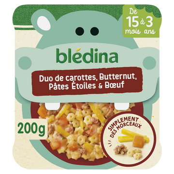 Petit Plat Morceaux à dévorer Duo de Carottes, Butternut, pâtes étoiles & boeuf de 15 mois à 3 ans BLEDINA 200g