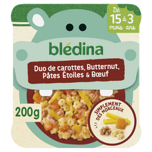 BLEDINA BLEDICHEF - Plat bébé du midi Duo de carottes, Butternut, pâtes étoiles & boeuf, dès 15 mois - 200g - Repas bébé
