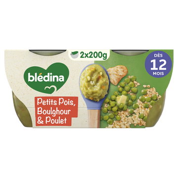 BLEDINA BLEDICHEF - Plat bébé du midi Petits pois, boulghour & pouletnoisette de beurre, dès 12 mois - 2x200g