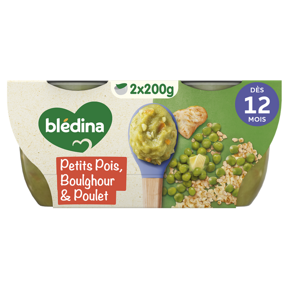 BLEDINA BLEDICHEF - Plat bébé du midi Petits pois, boulghour & pouletnoisette de beurre, dès 12 mois - 2x200g