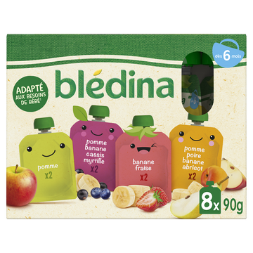 BLEDINA - Gourdes de fruits multi-parfum bio, de 6 à 12 mois - 8x90g