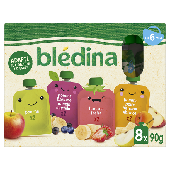 BLEDINA - Gourdes de fruits multi-parfum bio, de 6 à 12 mois - 8x90g