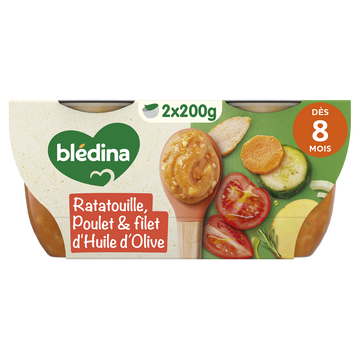 BLEDINA BLEDICHEF - Plat bébé du midi Ratatouille, poulet & filet d'huile d'olive, dès 8 mois - 2x200g