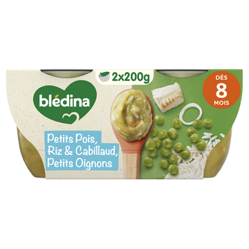 BLEDINA BLEDICHEF - Plat bébé du midi Ecrasé de petits pois, riz & cabillaud petits oignons, dès 8 mois - 2x200g
