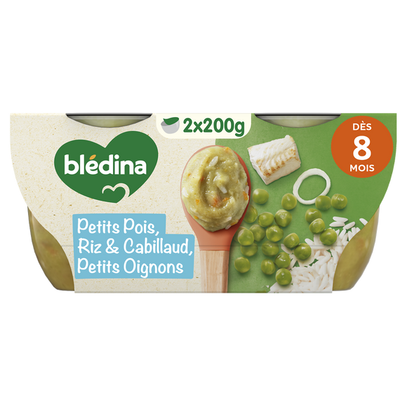 BLEDINA BLEDICHEF - Plat bébé du midi Ecrasé de petits pois, riz & cabillaud petits oignons, dès 8 mois - 2x200g