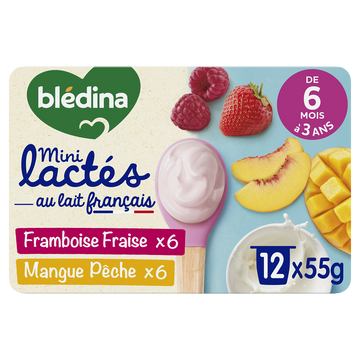 BLEDINA - Dessert lacté bébé fraise framboise / mangue pêche MiniLactés dès 6 mois - 12x55g