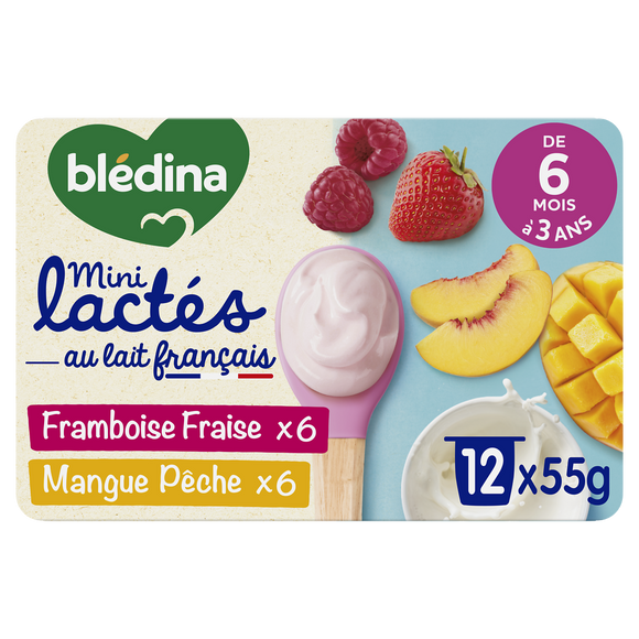 BLEDINA - Dessert lacté bébé fraise framboise / mangue pêche MiniLactés dès 6 mois - 12x55g