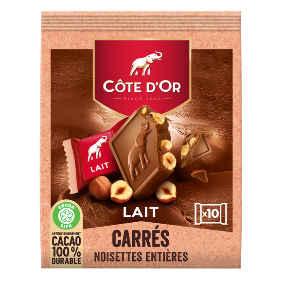 Chocolat au lait noisettes entières COTE D'OR - Paquet de 10 carrés de200g