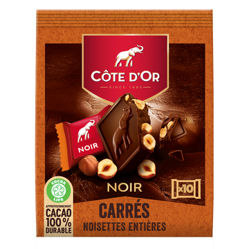 Chocolat noir noisettes entières COTE D'OR - 1 paquet de 10 carrés de200g