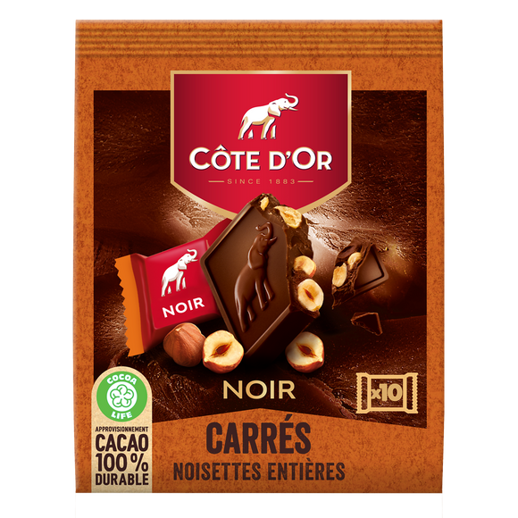 Chocolat noir noisettes entières COTE D'OR - 1 paquet de 10 carrés de200g