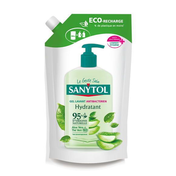 Gel lavant anti-bactérien hydratant aloé véra & thé vert bio rechargeSANYTOL 500ml