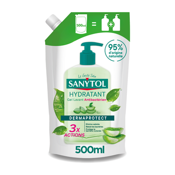 Gel lavant anti-bactérien hydratant aloé véra & thé vert bio rechargeSANYTOL 500ml
