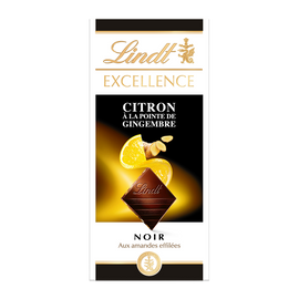 Chocolat noir amandes/citron/gingembre LINDT, Tablette de 100g