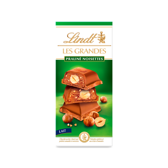 Chocolat au lait les grandes pralines noisettes LINDT, Tablette de 225g