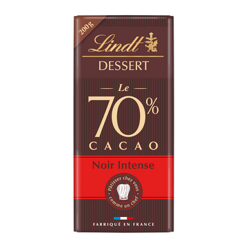 Chocolat noir intense 70% cacao à patisser LINDT DESSERT, Tablette de200g