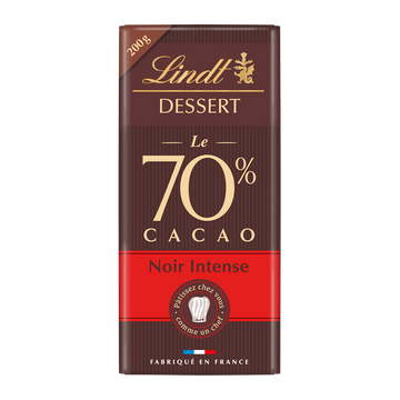 Chocolat noir intense 70% cacao à patisser LINDT DESSERT, Tablette de200g