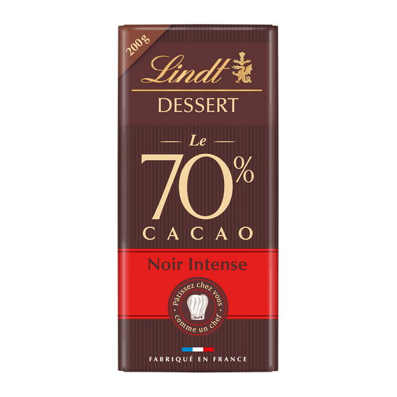 Chocolat noir intense 70% cacao à patisser LINDT DESSERT, Tablette de200g