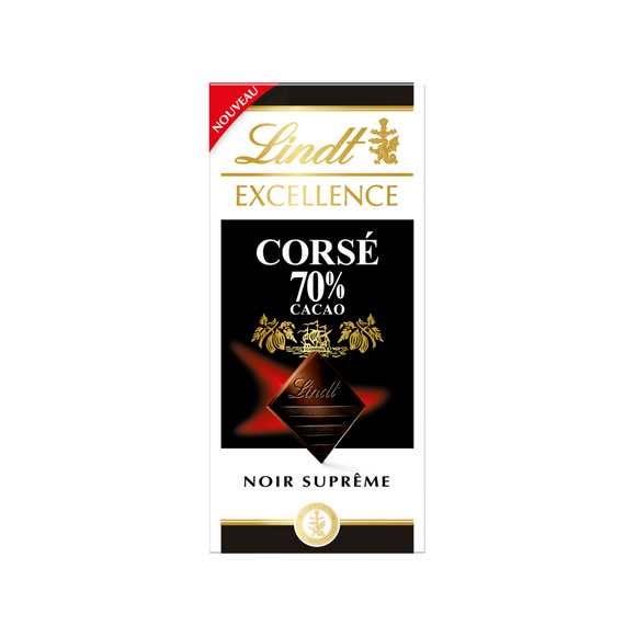Chocolat noir corsé 70% cacao EXCELLENCE LINDT, Tablette de 100g