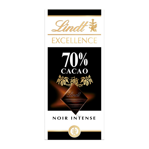 Chocolat noir 70% cacao Excellence LINDT, Tablette de 100g