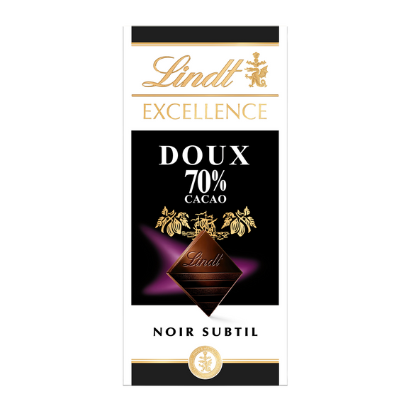 Chocolat noir doux 70% Excellence LINDT, Tablette de 100g