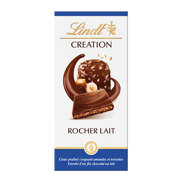 Chocolat au lait et pralinés rocher lait Création l'authentique LINDT,Tablette de 150g