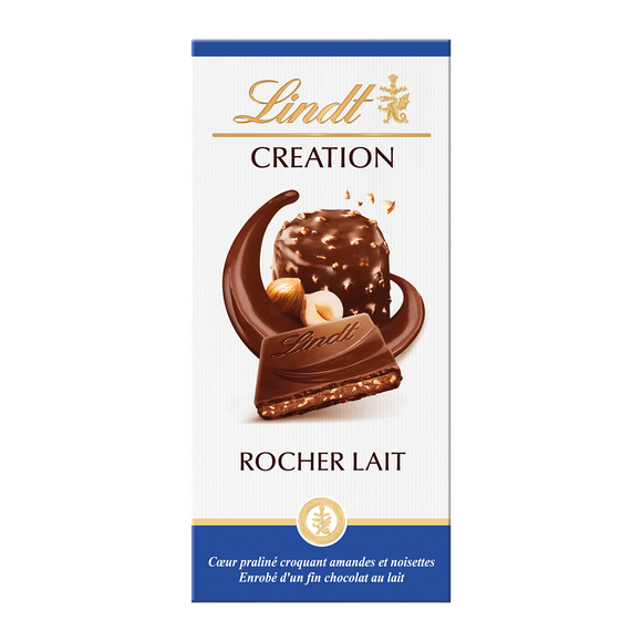 Chocolat au lait et pralinés rocher lait Création l'authentique LINDT,Tablette de 150g