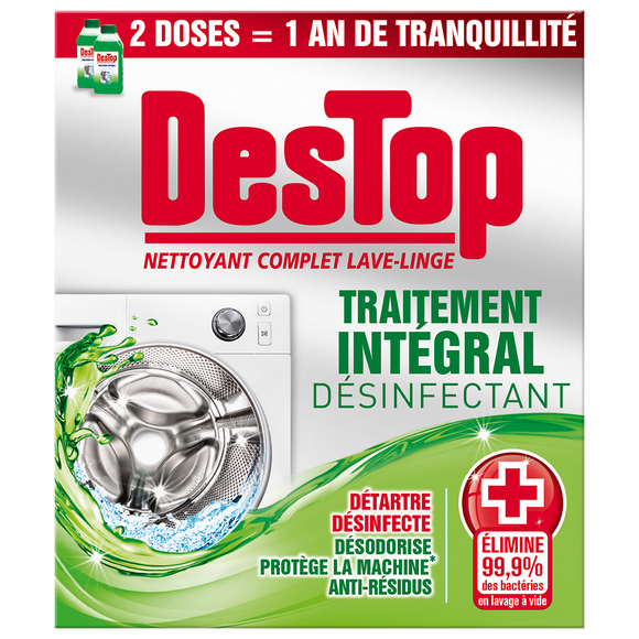 Nettoyant complet désinfectant lave-linge traitement intégral, DESTOP,2 flacons de 250ml