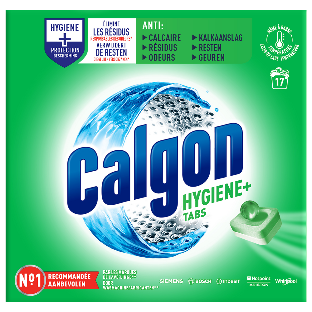 Nettoyant machine anti-calcaire hygiène+ CALGON, 17tabs, 221g