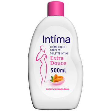 Crème de douche extra douce coprs et toilette intime INTIMA, flacon de500ml